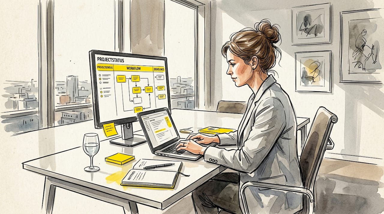 De projectmanager is op kantoor bezig met het optimaliseren van de vertaalworkflow.