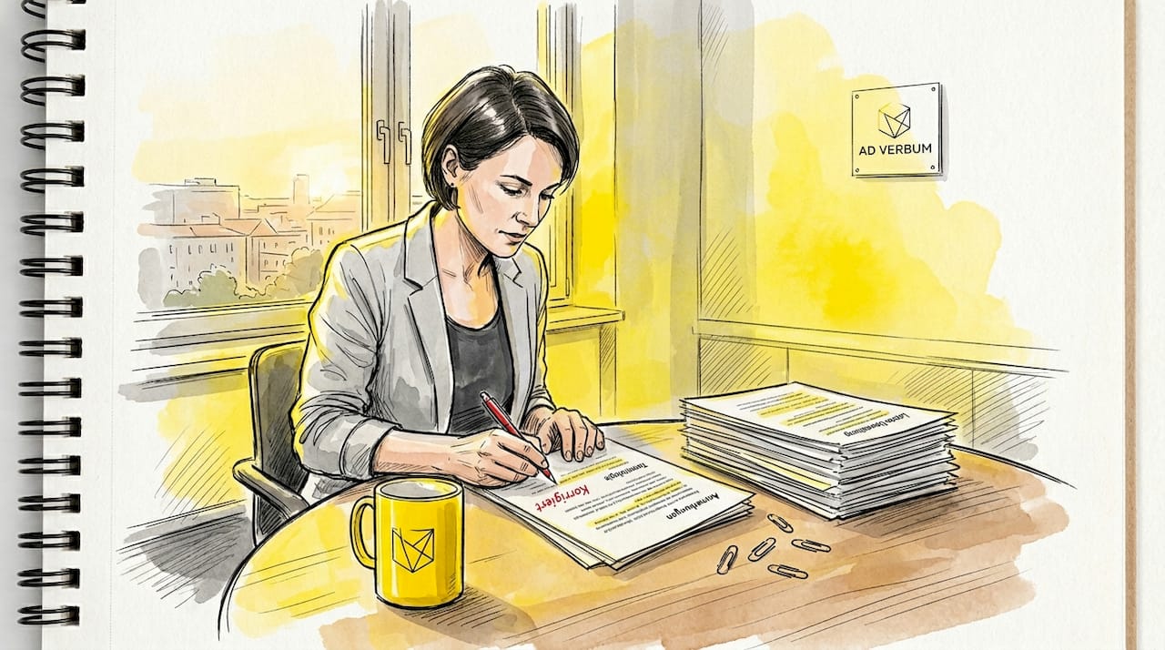 Eine Fachlektorin überprüft am Schreibtisch sorgfältig die übersetzten Dokumente.