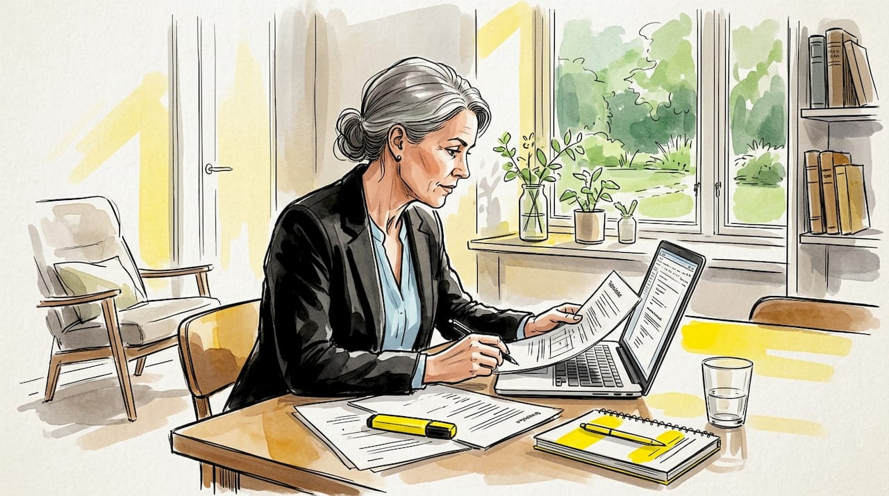 En fackman går noggrant igenom dokument vid sitt skrivbord på kontoret.