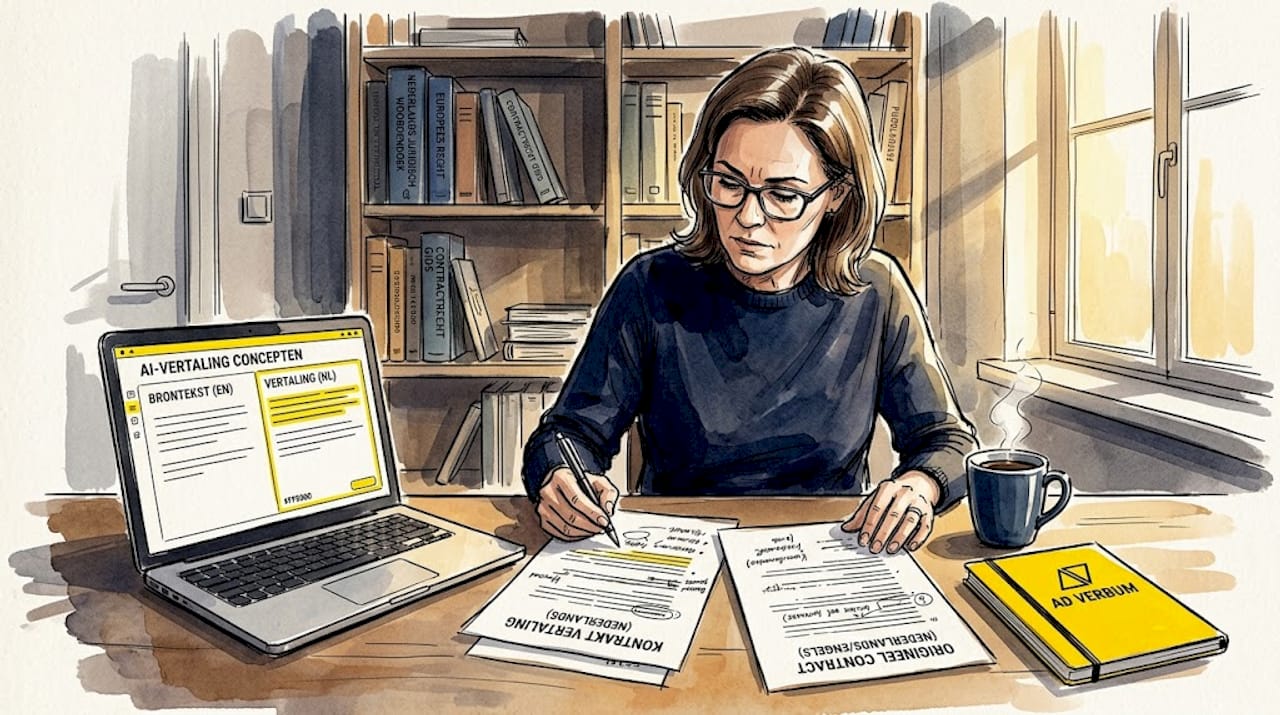 Een specialist beoordeelt verschillende conceptversies van juridische vertalingen om tot de beste keuze te komen.