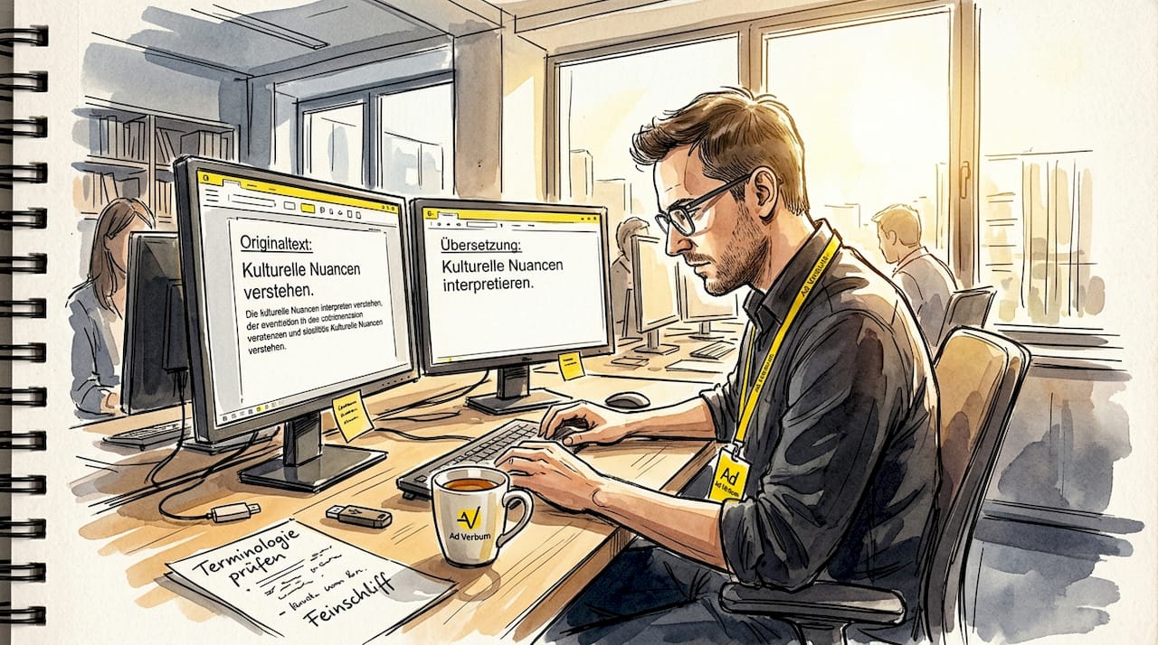 Ein Redakteur prüft und vergleicht verschiedene Textpassagen parallel auf zwei Bildschirmen.