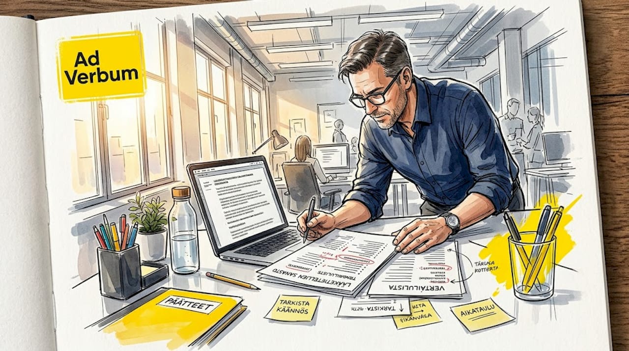 Projektipäällikkö käy läpi termilistaa työpöytänsä ääressä.