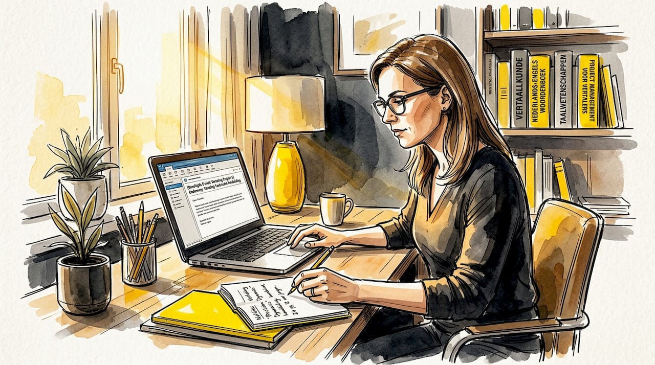 Op kantoor buigt een vrouw zich over een vertaalopdracht, met extra aandacht voor privacy.