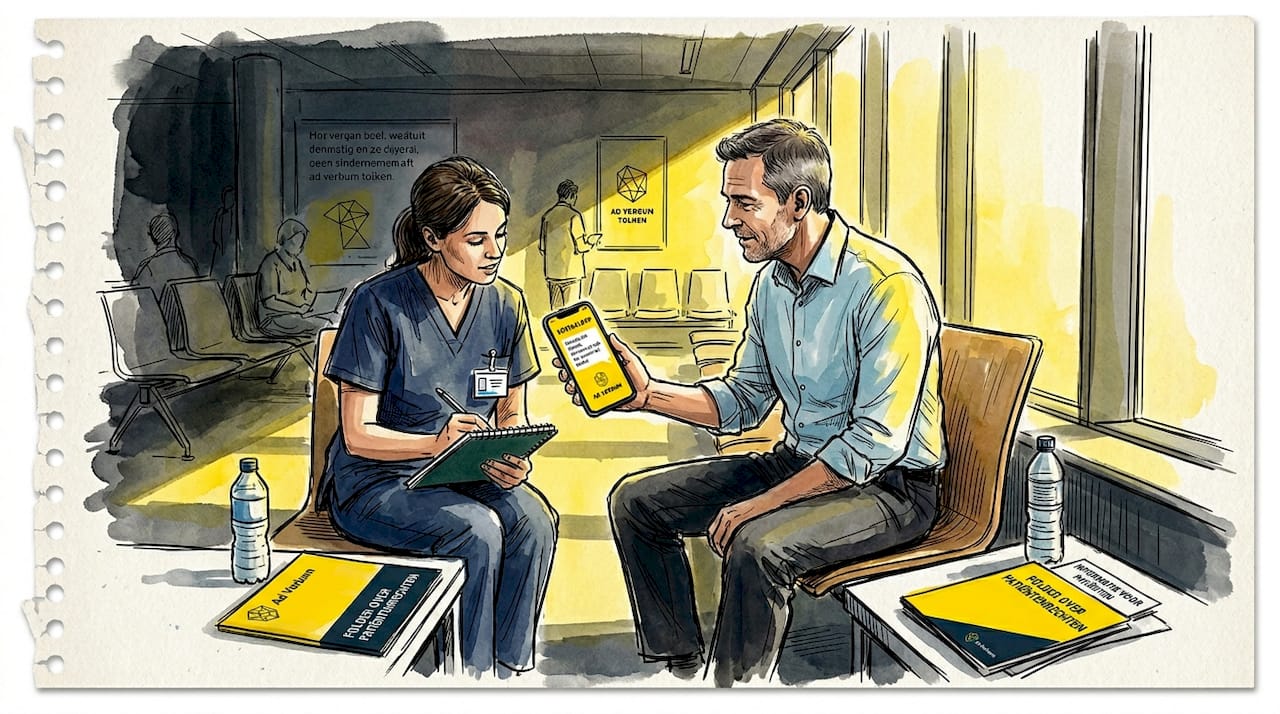 Een man maakt in het ziekenhuis gebruik van een spraakvertaler om te communiceren.