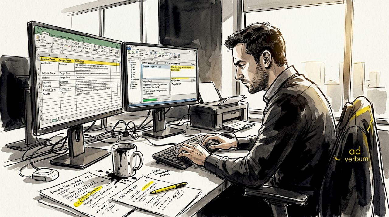 Translation manager organizing terminology on dual screens