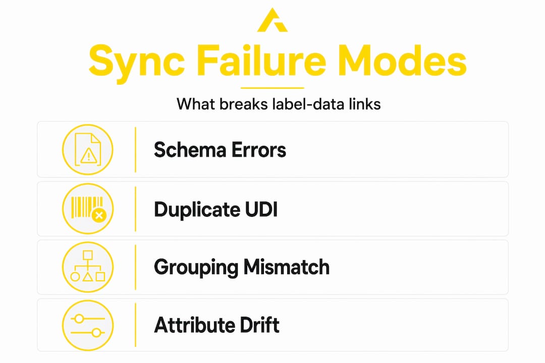 Infographic depicting common EUDAMED label sync failure types