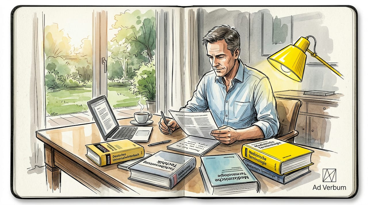 Als Übersetzer arbeite ich im heimischen Büro, umgeben von einem Meer aus Büchern.