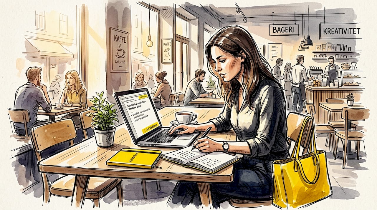 En person sitter hemma vid sitt skrivbord och använder datorn för att översätta texter.