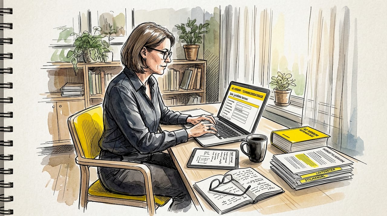 Yrkesaktiv kvinne jobber med oppdatering og vedlikehold av terminologidatabase.