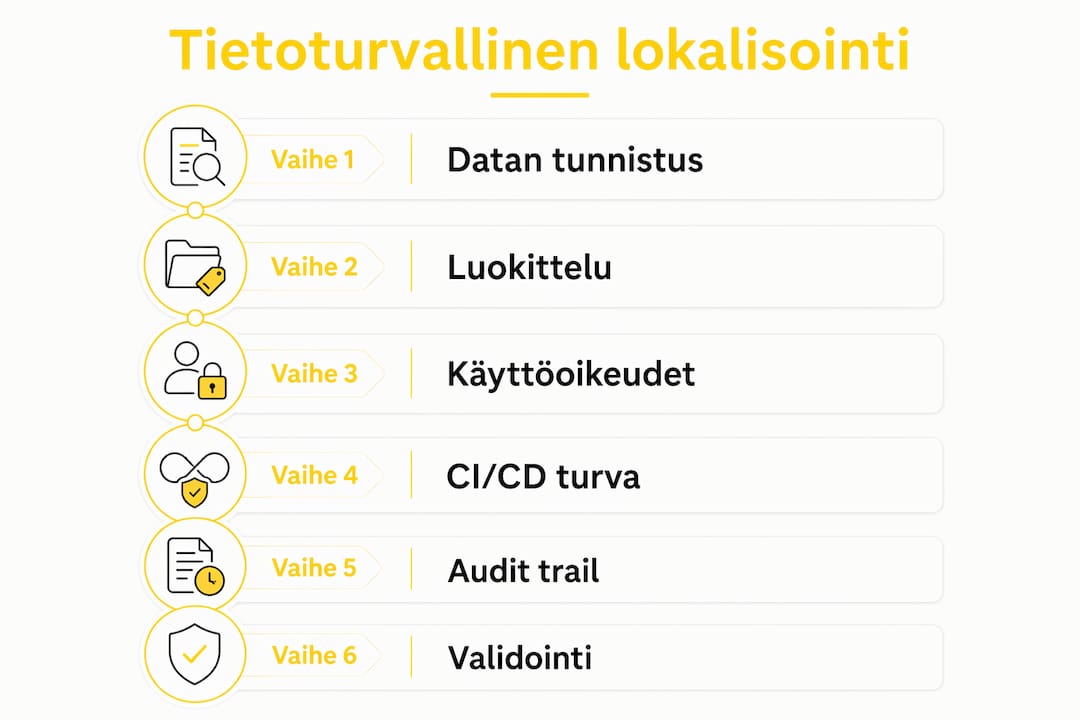 Tietoturvallisen lokalisoinnin vaiheet pähkinänkuoressa – infograafi