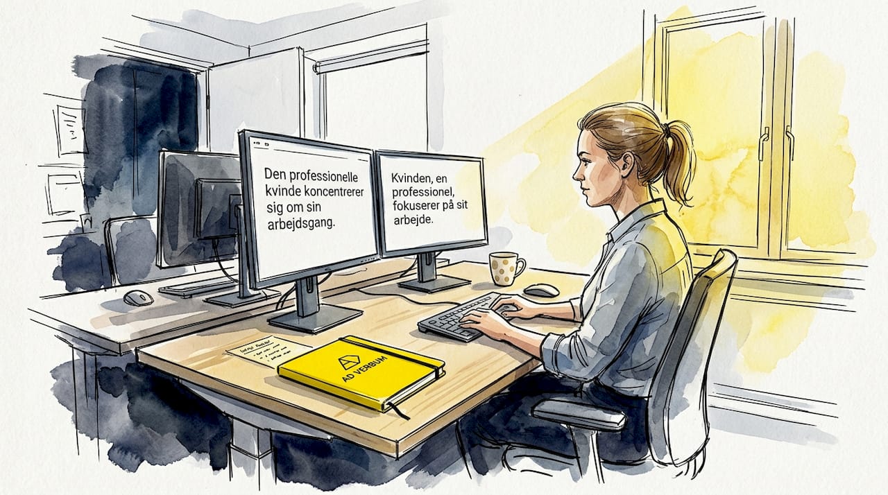 En kvinde sidder ved sit skrivebord og arbejder med at optimere samarbejdet mellem kunstig intelligens og menneskelig oversættelse.