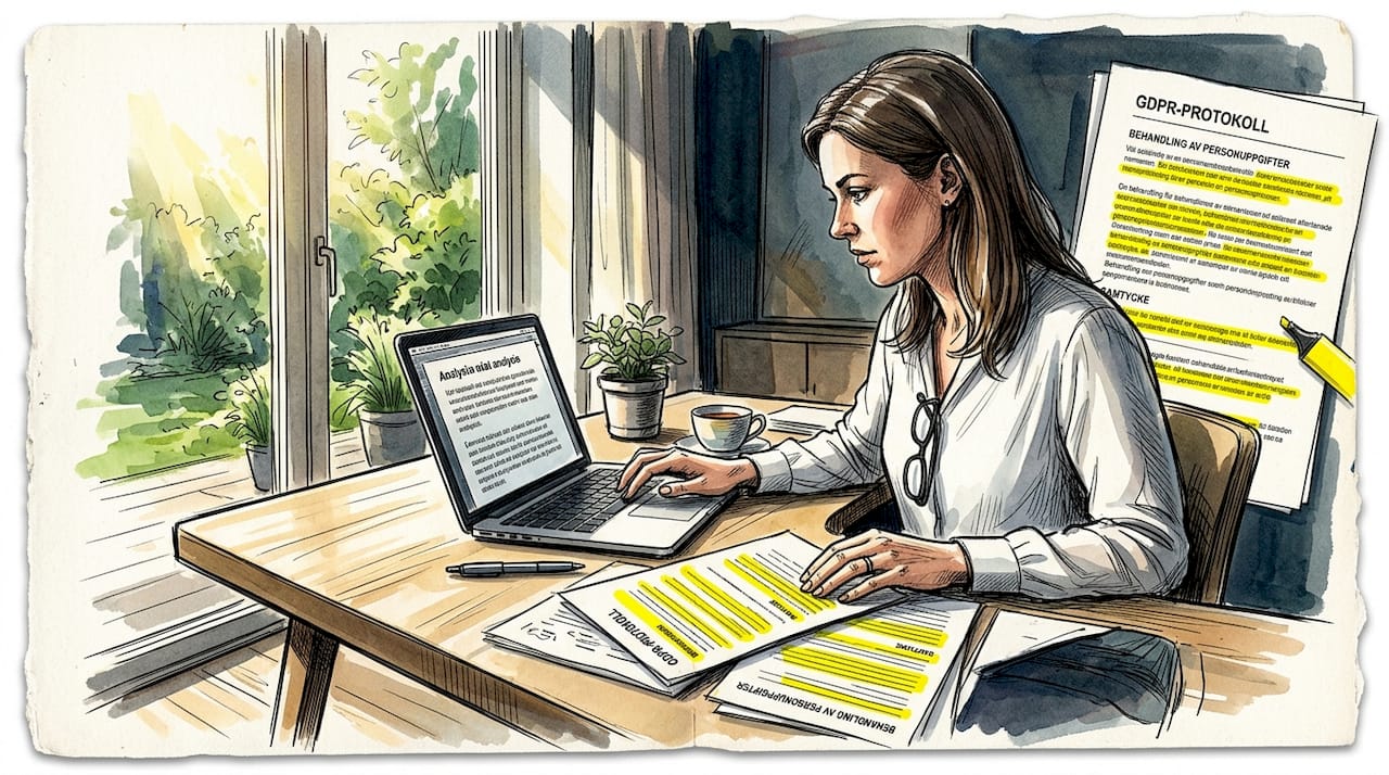 En kvinna sitter hemma och går igenom GDPR-dokument.