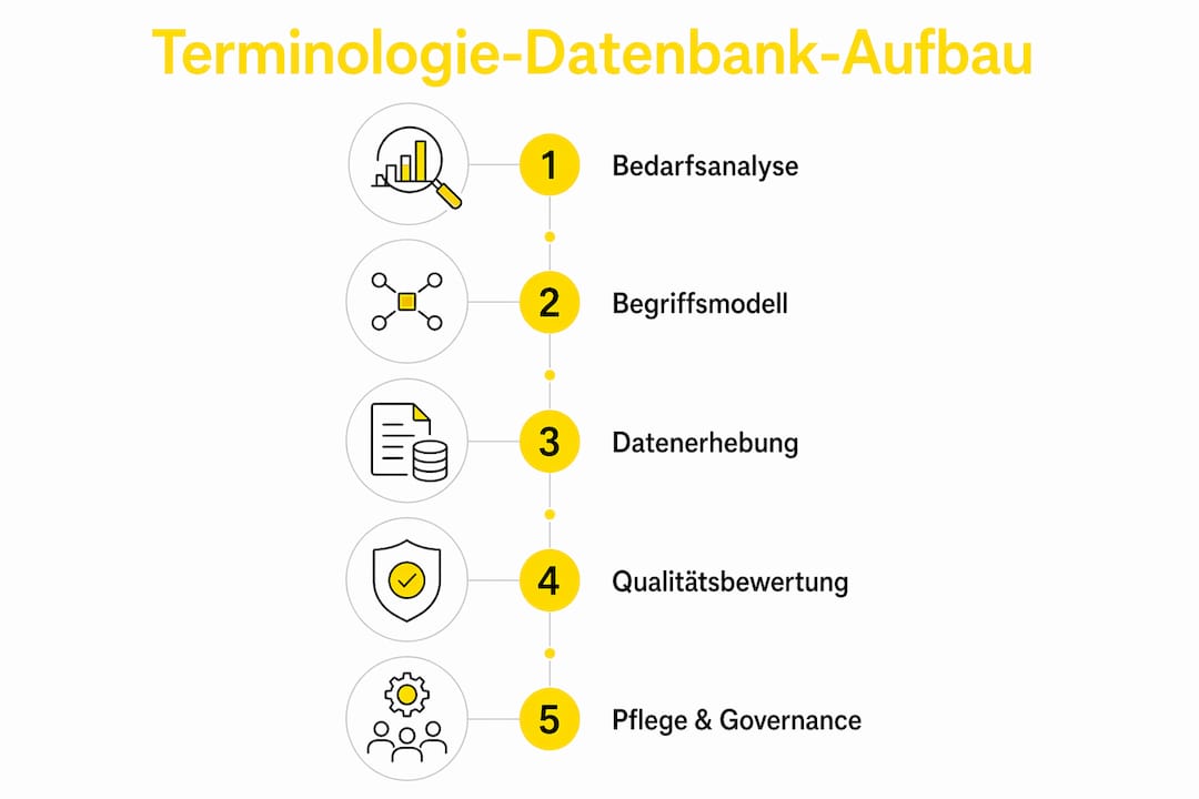 Übersichtliche Infografik: Schritt-für-Schritt-Anleitung zur Erstellung einer Terminologie-Datenbank