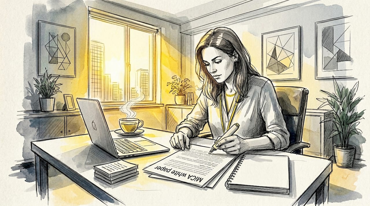 Translator reviewing MiCA white paper document at desk