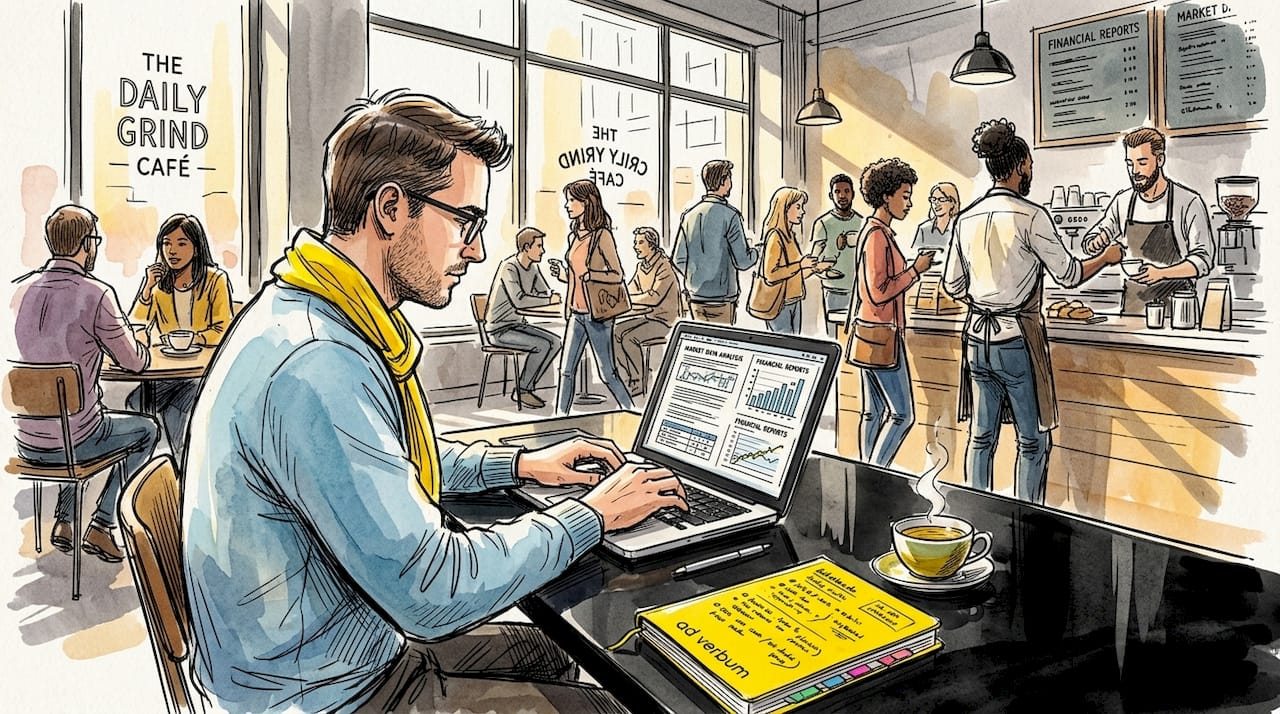 Financial translator typing on dual monitors