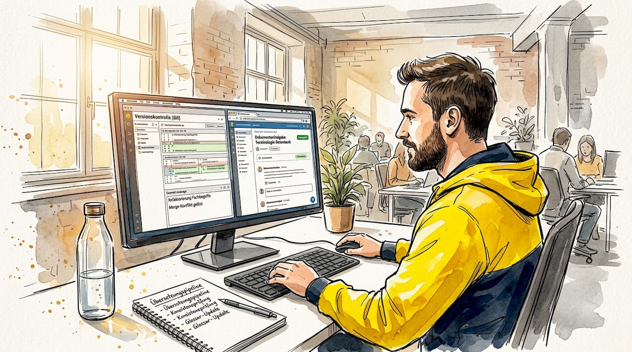 Ein Mitarbeiter überprüft am Computer die Einhaltung von Compliance-Richtlinien.
