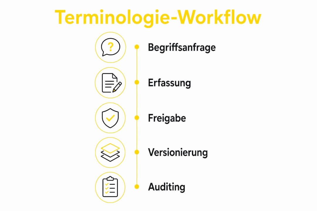Die Infografik veranschaulicht den Ablauf im Terminologie-Management Schritt für Schritt.