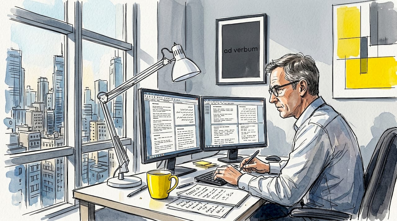 Translator working in home office on defense documents