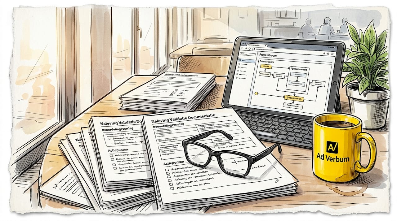 Detailopname van compliance-documenten en werkmaterialen op het bureau