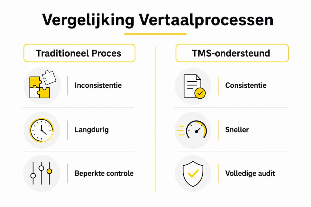 Infographic: de verschillen tussen een traditioneel vertaalproces en werken met een TMS op een rij