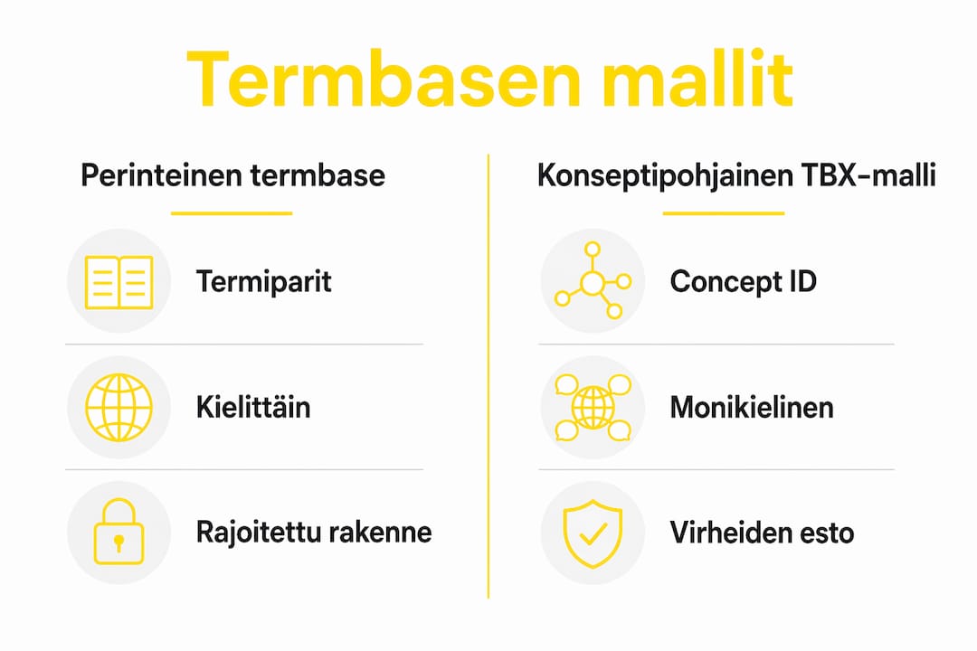 Havainnollistava kuva, jossa eri termipankkimallit asetetaan vertailuun