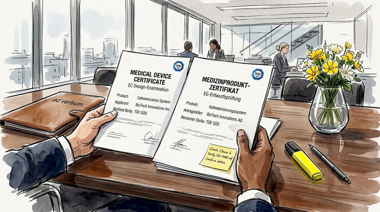 Hands comparing multilingual certificate copies