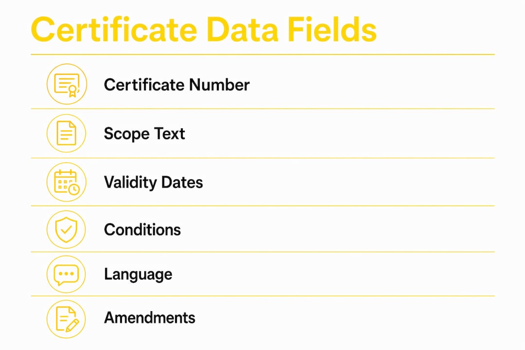 Infographic illustrating key EUDAMED certificate data fields