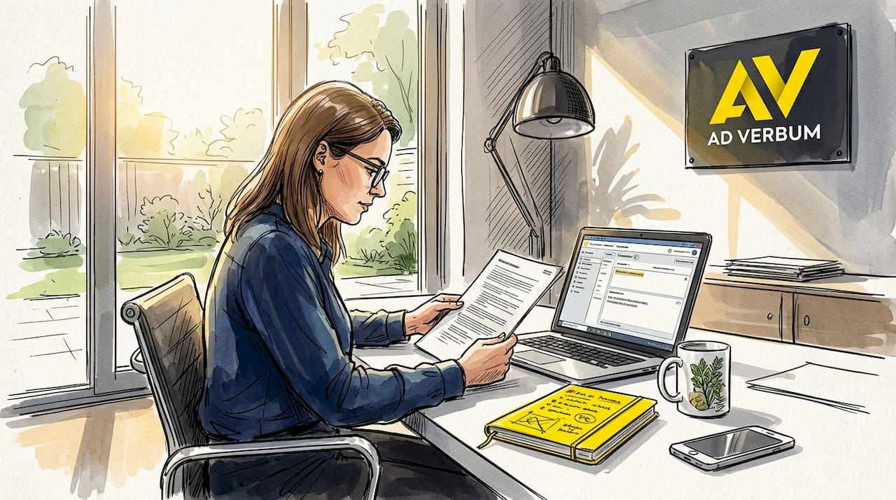 Een professionele vertaler buigt zich geconcentreerd over documenten aan zijn bureau.