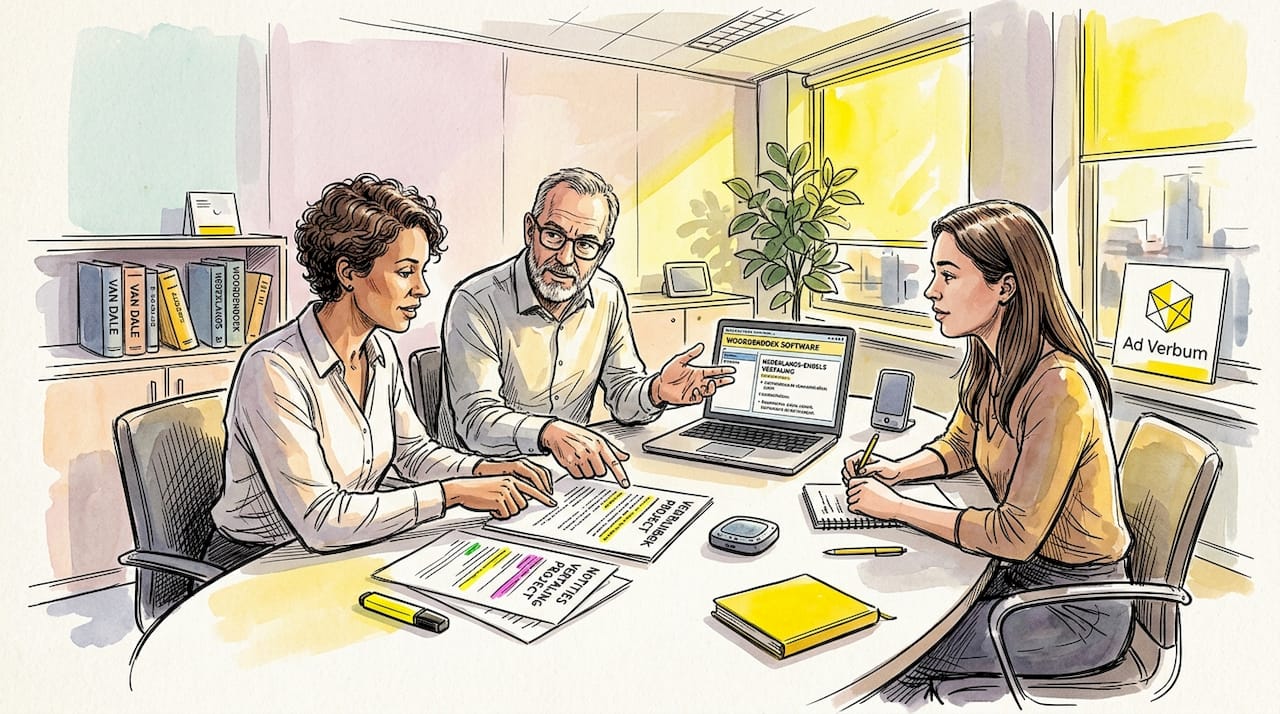 Het vertaalteam zit samen aan tafel om ideeën uit te wisselen en aan projecten te werken.