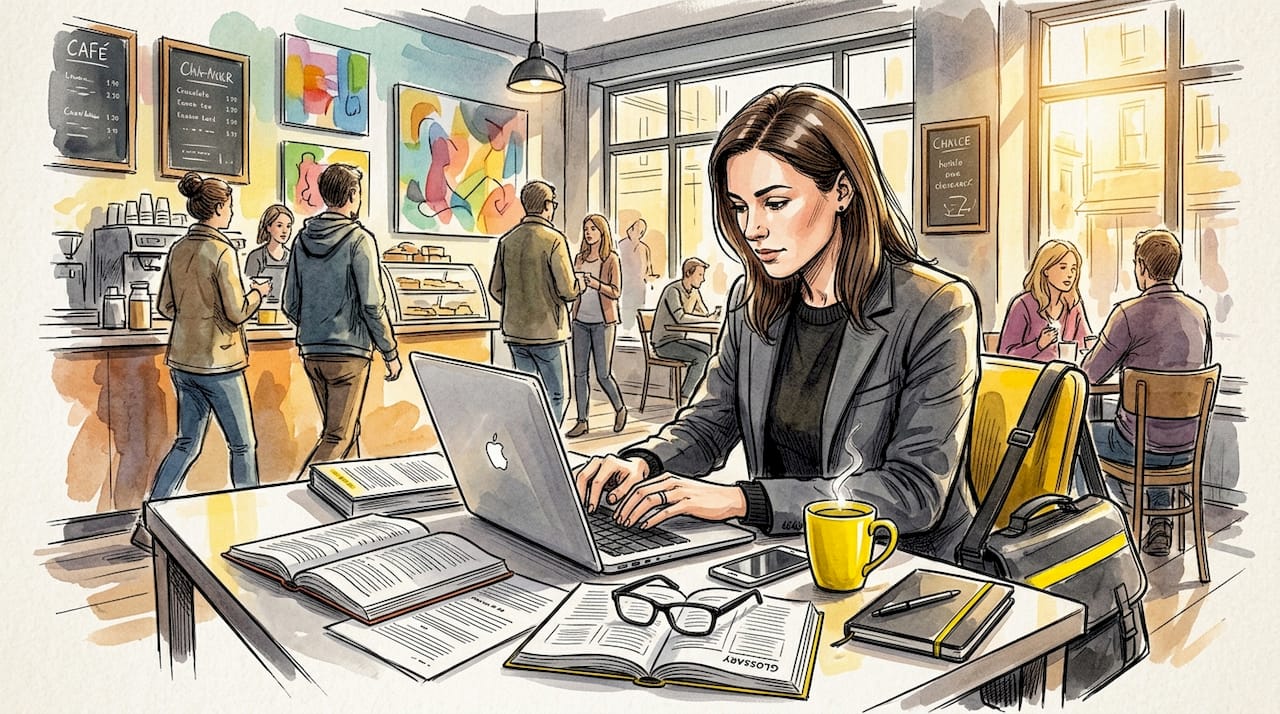 Translator working at desk with documents