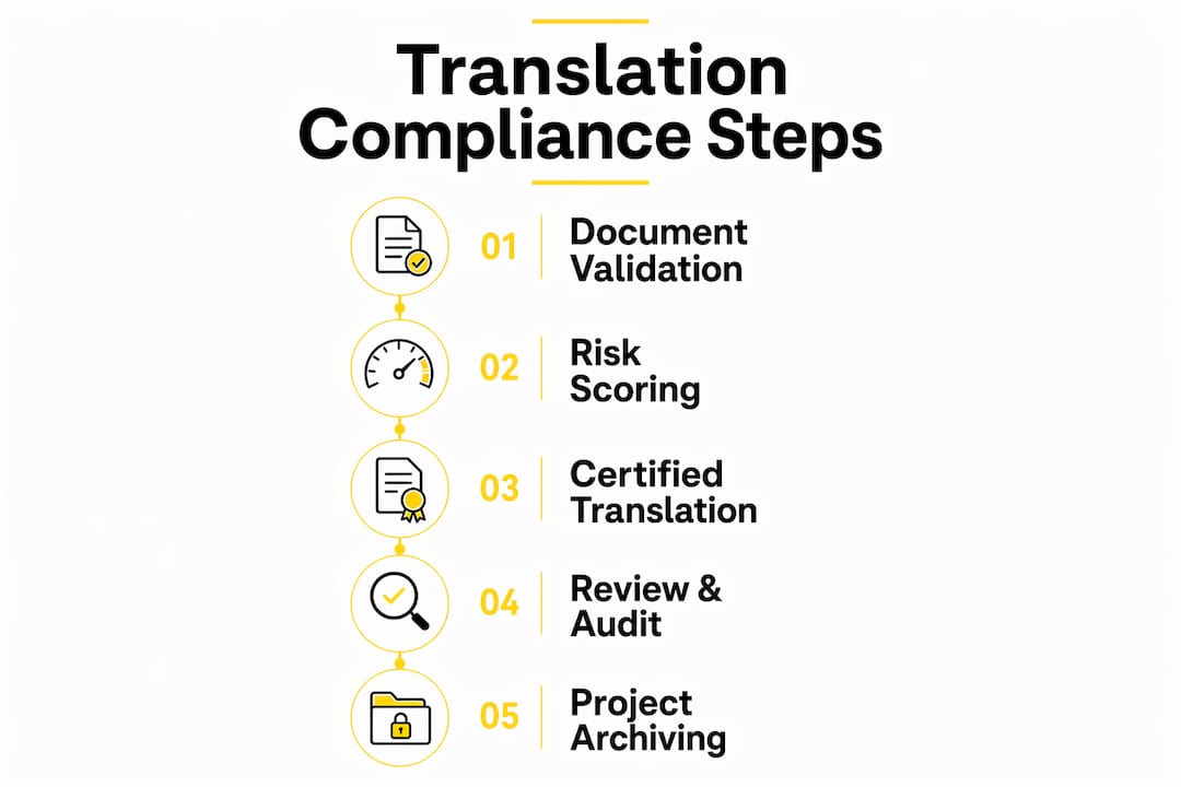 Infographic with numbered translation compliance steps