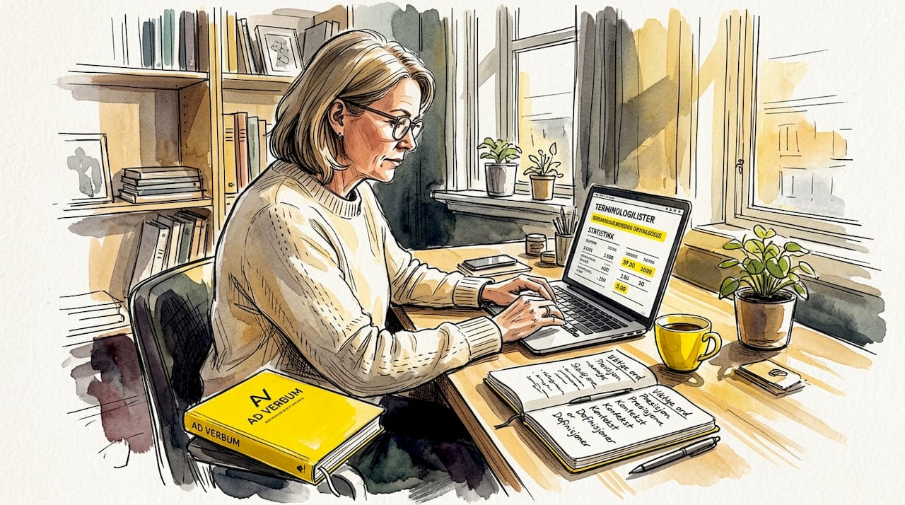 Fagperson som jobber med terminologi og språklige data på PC