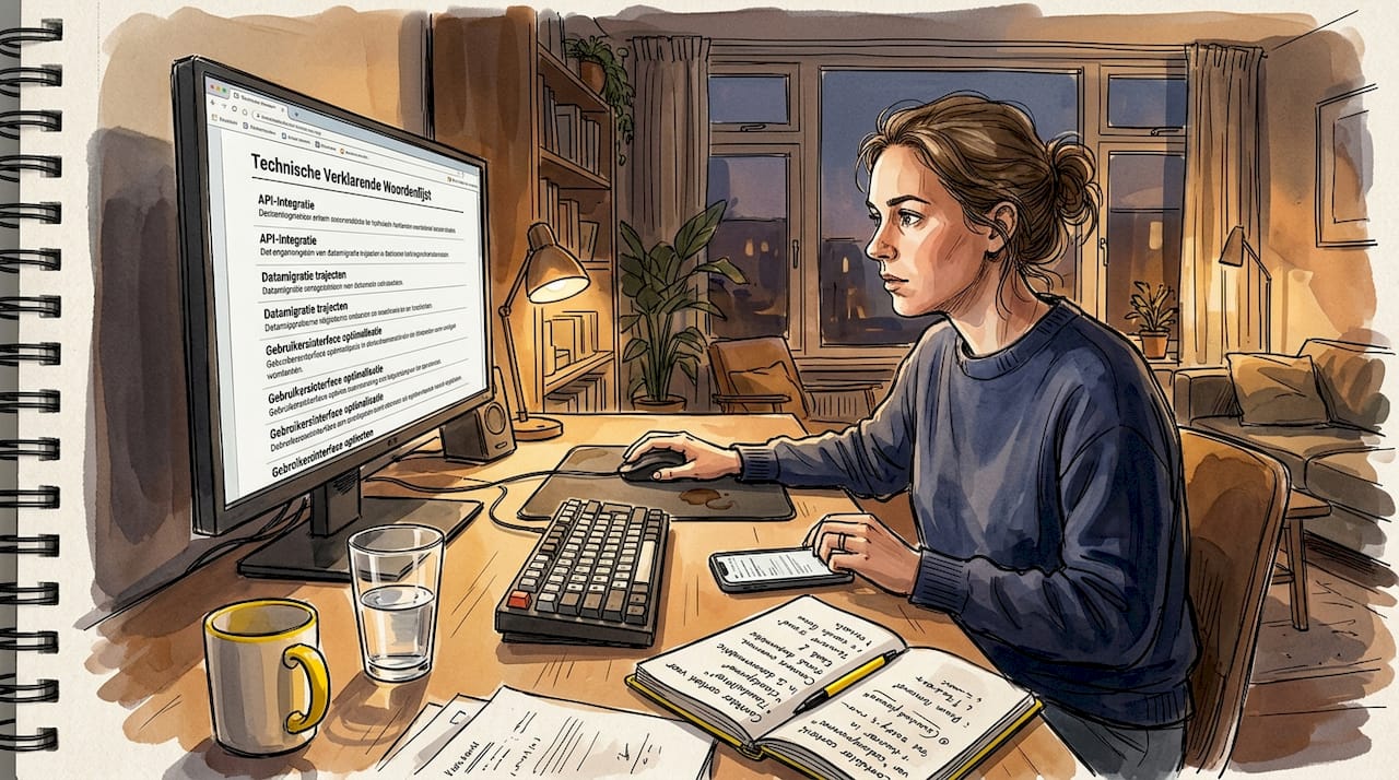 Een IT-specialist kijkt een technische begrippenlijst na aan zijn bureau.