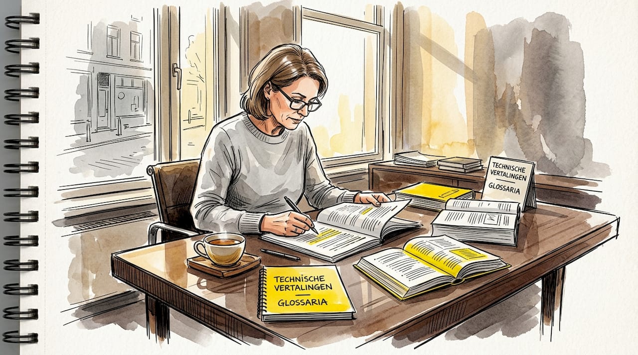 Technisch vertaler aan het werk: documenten zorgvuldig doornemen vanuit de thuiswerkplek.