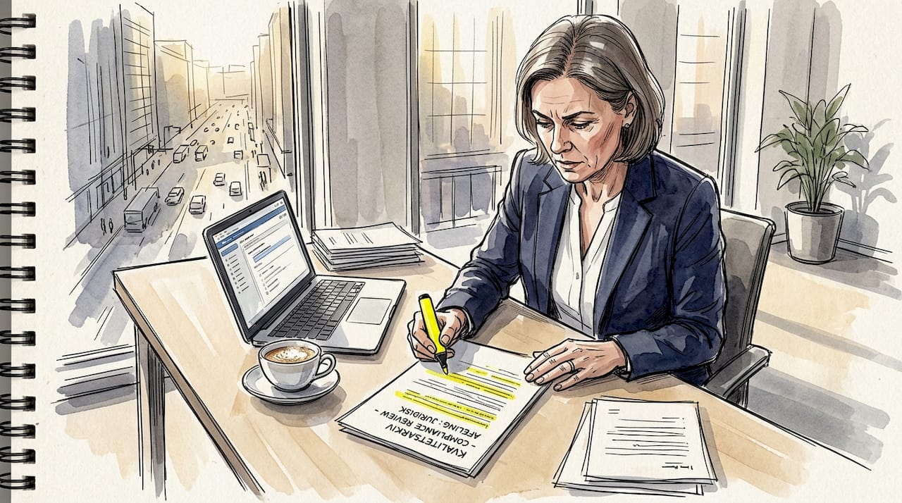 En fagligt stærk kvinde sidder og arbejder koncentreret med compliance-relaterede dokumenter.