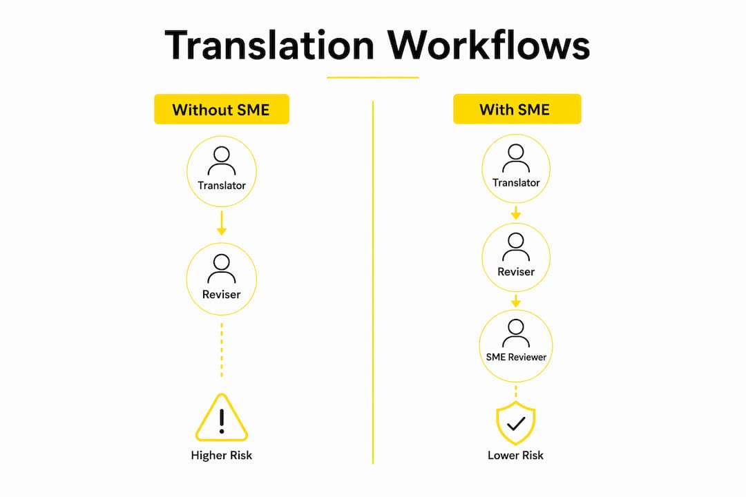 Infographic comparing translation workflows with and without SME involvement