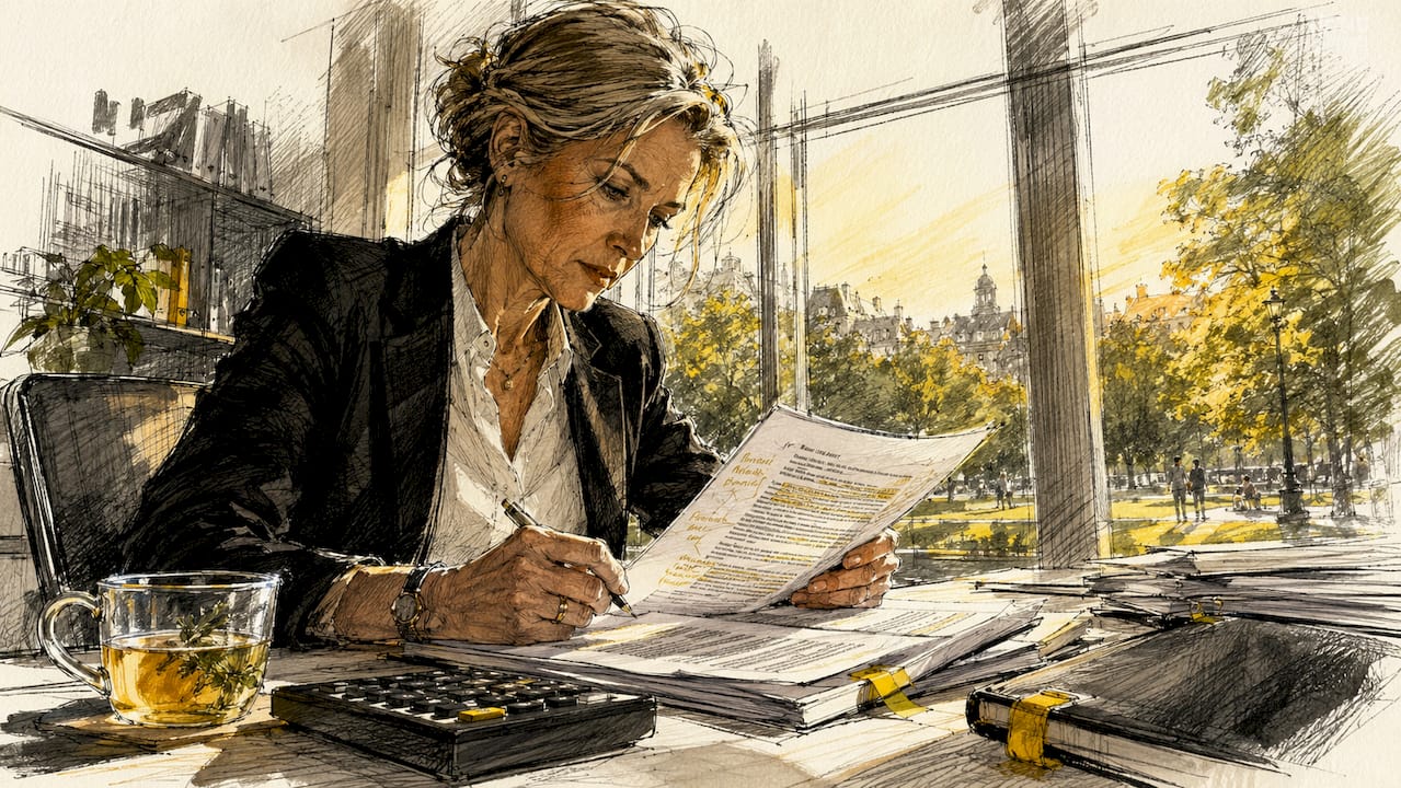 En complianceansvarig som går igenom och granskar regelverk och dokumentation.
