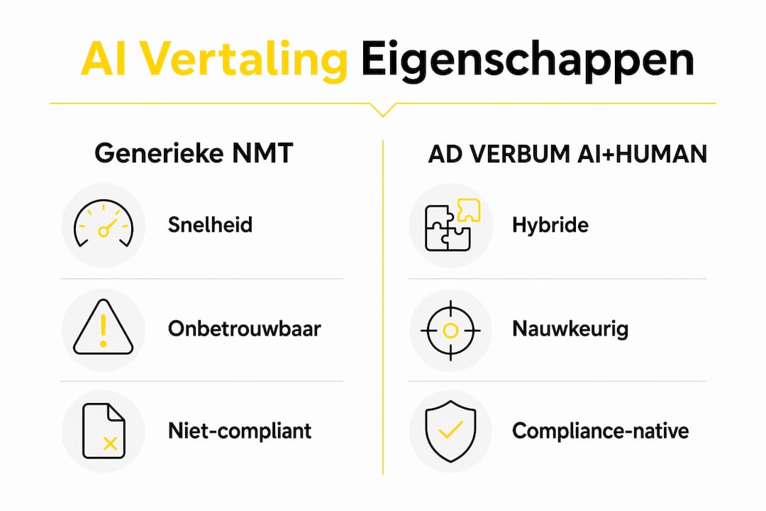 Infographic: Hoe verhoudt standaard NMT zich tot AD VERBUM AI+MENS bij naleving van regelgeving?