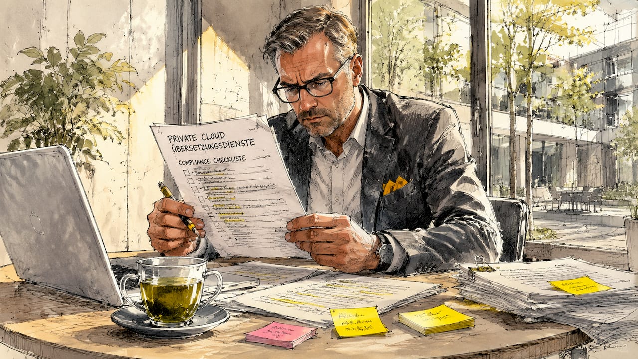 Ein Compliance-Experte prüft die Unterlagen zur privaten Cloud auf Einhaltung der Richtlinien.