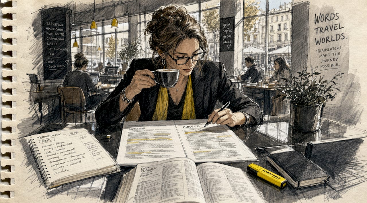 Zwei Hände halten jeweils ein Originaltext und dessen Übersetzung nebeneinander und vergleichen aufmerksam die Inhalte.