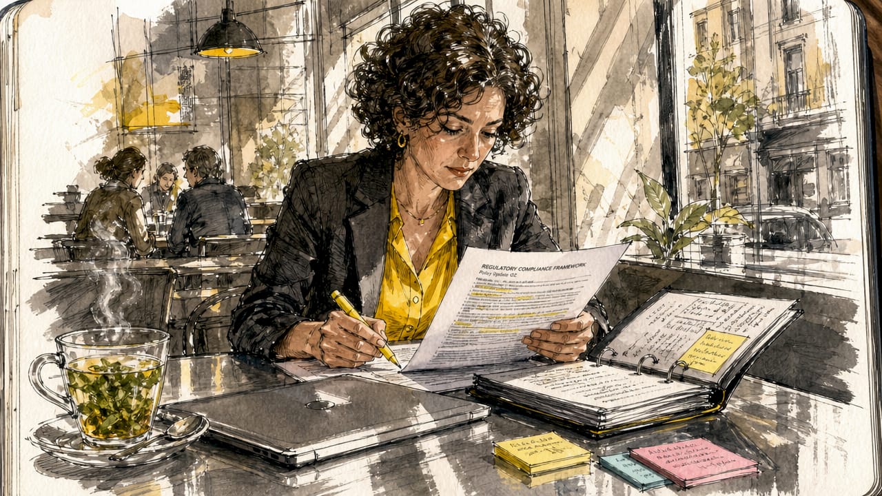 Een professionele vrouw loopt zorgvuldig de checklist voor reglementaire vertalingen na.