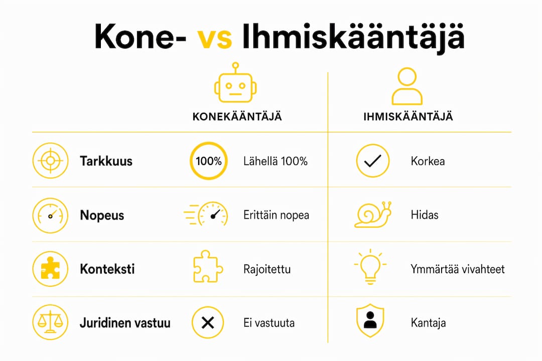 Infografiikka: Konekäännöksen ja ihmiskääntäjän erot