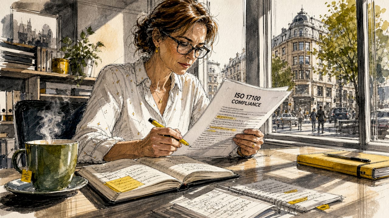 Een compliance manager verdiept zich in de richtlijnen van ISO 17100.