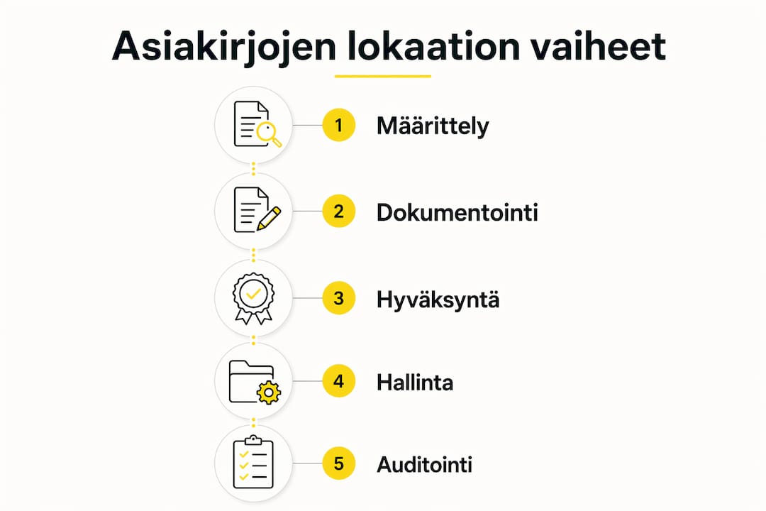 Infograafi, joka havainnollistaa asiakirjojen sijainnin eri vaiheet prosessin aikana.
