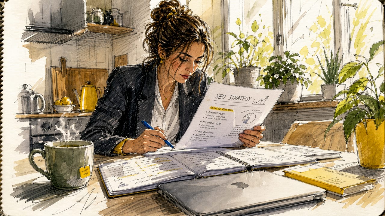 Een vrouw bekijkt en beoordeelt SEO-documenten in verschillende talen.