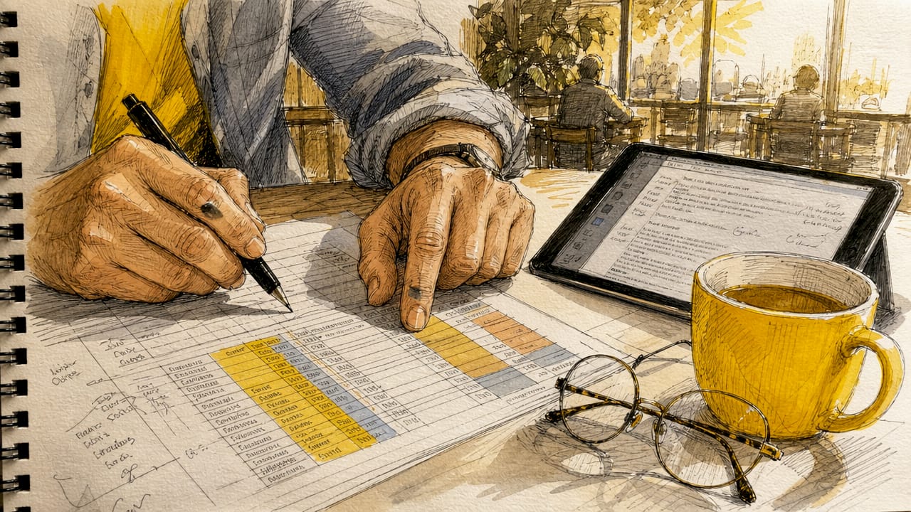 Hands pointing at color-coded spreadsheet for compliance