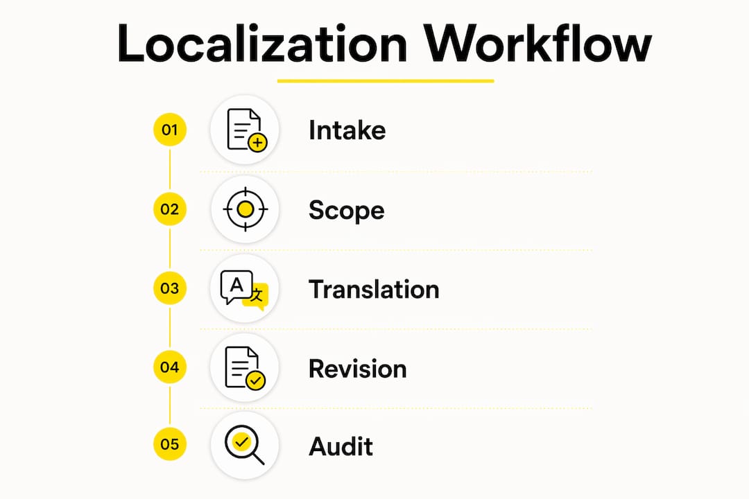 Infographic showing regulatory document localization workflow steps