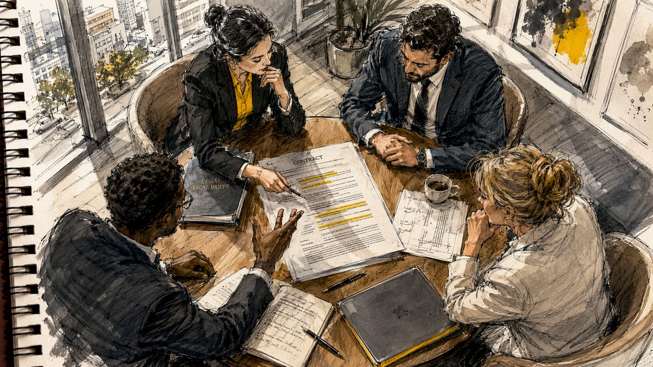 Hands reviewing translation vendor contract