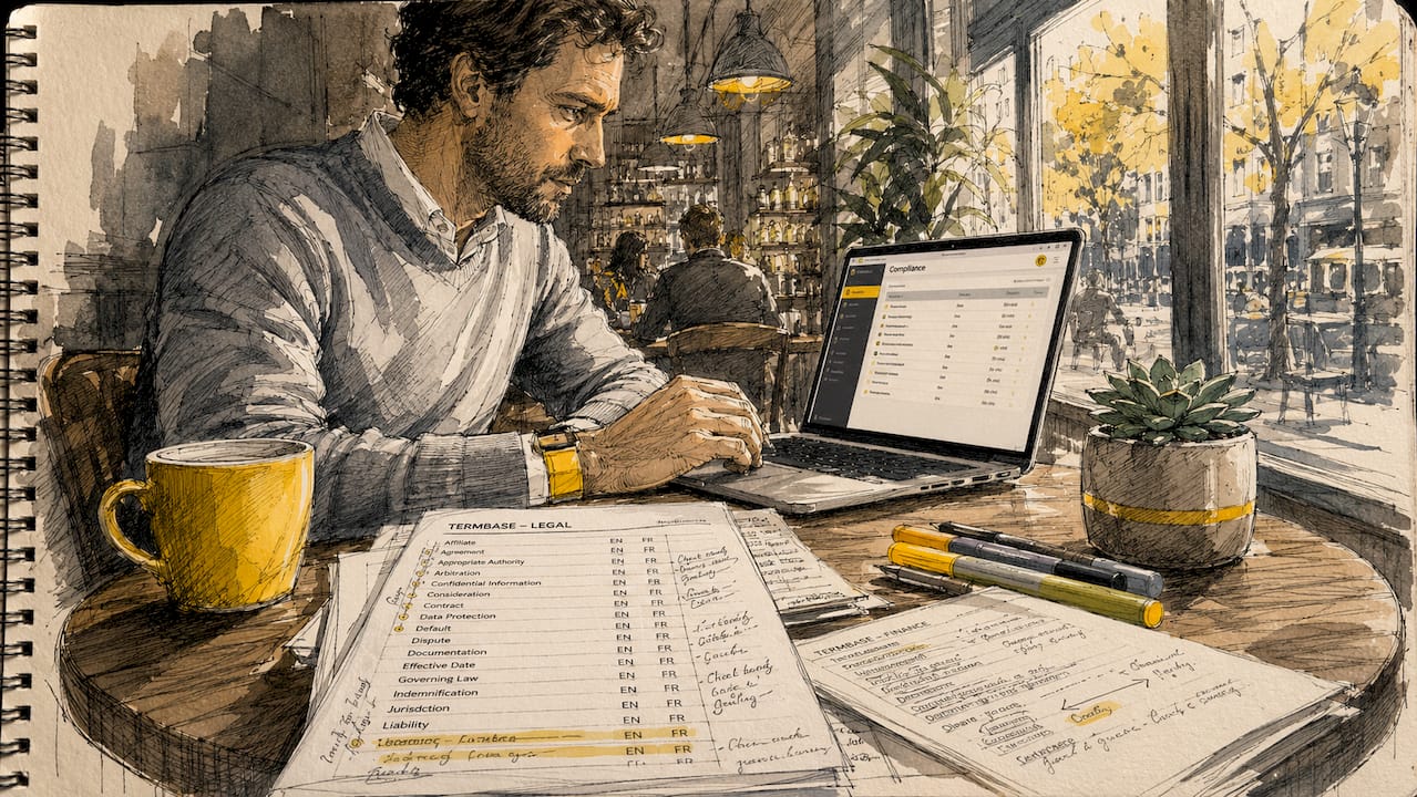 Een paar handen werkt geconcentreerd met compliance software achter het bureau.