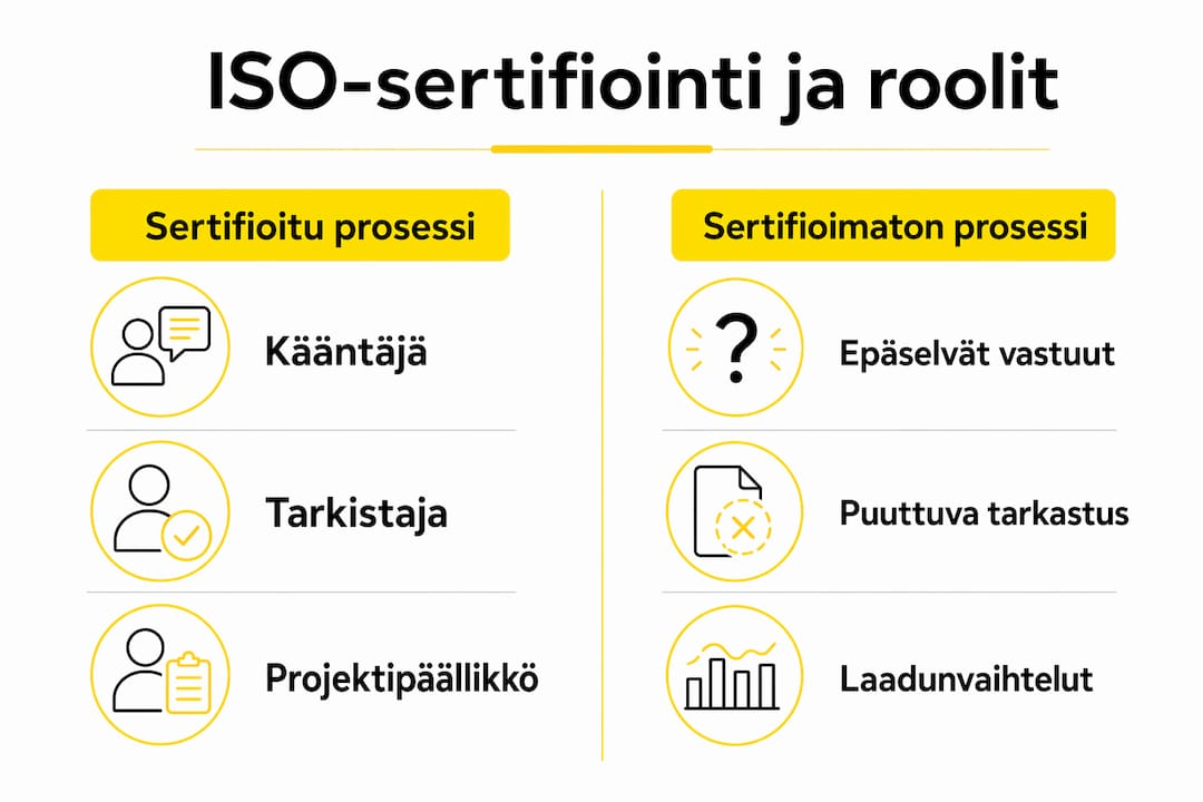 Infografiikka havainnollistaa, miten ISO-sertifioinnin vastuut jakautuvat eri prosessien välillä.